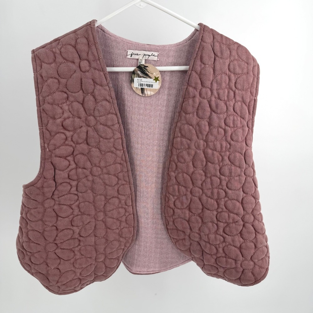 Free People Quilted Vest Womens XS Pink Floral Stitched Open Front Boho Chic NWT